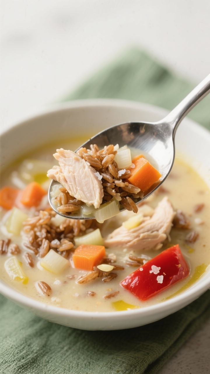 Close-up spoon-lift shot of creamy chicken and brown rice soup with veggies: a glossy spoon emerging from the bowl showing tender chicken, nutty brown rice, diced onion, carrots, and vibrant red bell pepper in a lighter yet luxurious creamy broth; tiny garlic bits visible, a hint of olive oil and butter richness, kosher salt flakes on the rim; bright, colorful, health-forward styling with a muted green linen and clean background, professional focus on texture and color contrast.