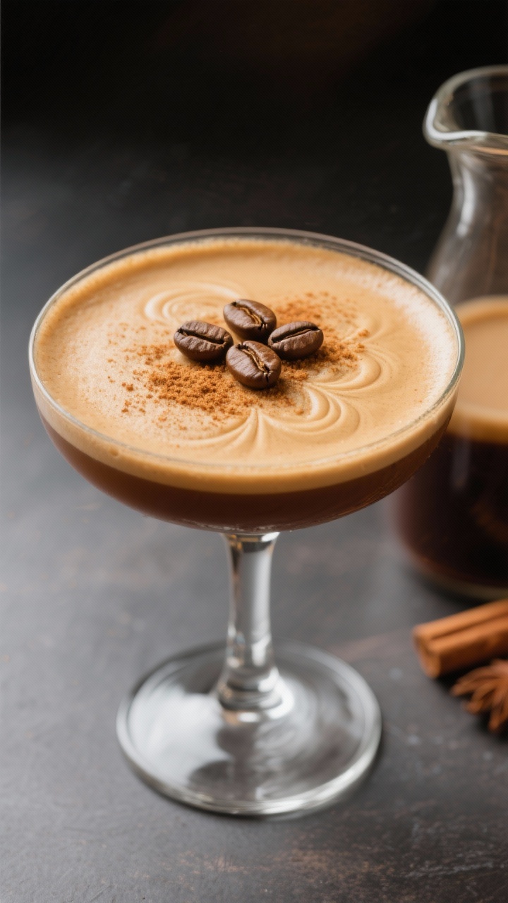 Thanksgiving Cocktails That’ll Turn Your Feast Into a Toast-worthy Party Close-up, straight-on hero shot of a Pumpkin Spice Espresso Martini in a chilled coupe glass: rich coffee-brown body with a creamy tan foam cap, three coffee beans in a rosette pattern, micro-dust of pumpkin spice. Include a side carafe with