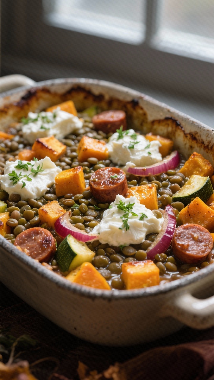 Hearty & Healthy Casseroles That Feed the Whole Family—and Win Weeknights Close-up, straight-on shot of a cozy harvest veggie, lentil and sausage bake being served from a ceramic casserole: tender green/brown lentils cooked in broth mixed with golden-roasted butternut squash cubes, diced zucchini, and sweet red onion slices, dotted with browned sausage coins; generous dollops of herbed ricotta melting in pockets on top (flecks of parsley/thyme visible), edges caramelized; glossy, hearty textures with a glistening finish from the roasting juices; autumnal color palette, moody window light, minimal props.