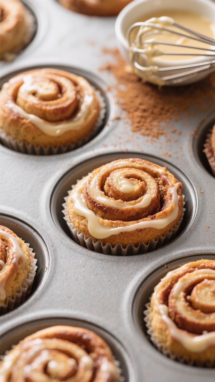 Close-up, straight-on shot of cozy cinnamon roll muffins (no yeast) still in a muffin tin, spiraled layers visible and edges caramelized, finished with a drizzle of vanilla glaze cascading down the ridges; include a small bowl of glaze and a whisk with glaze clinging, a dusting of cinnamon on the surface; warm morning light for a bakery-fresh feel.