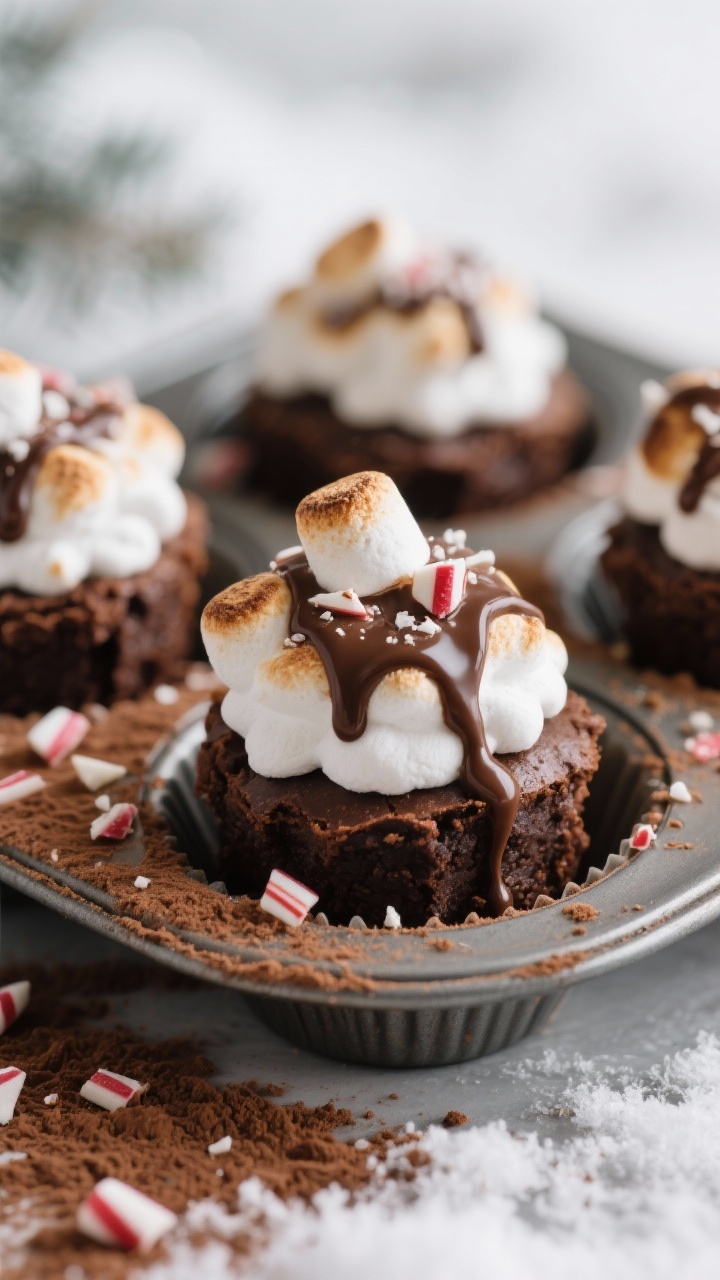 Close-up straight-on shot of hot cocoa brownie bites: fudgy brownie bases topped with melty, toasty mini marshmallow “clouds,” a fine drizzle of melted chocolate cascading over, a few bits of crushed candy cane sprinkled; set in a mini muffin tin with cocoa powder dusting in the background, cozy winter vibe.