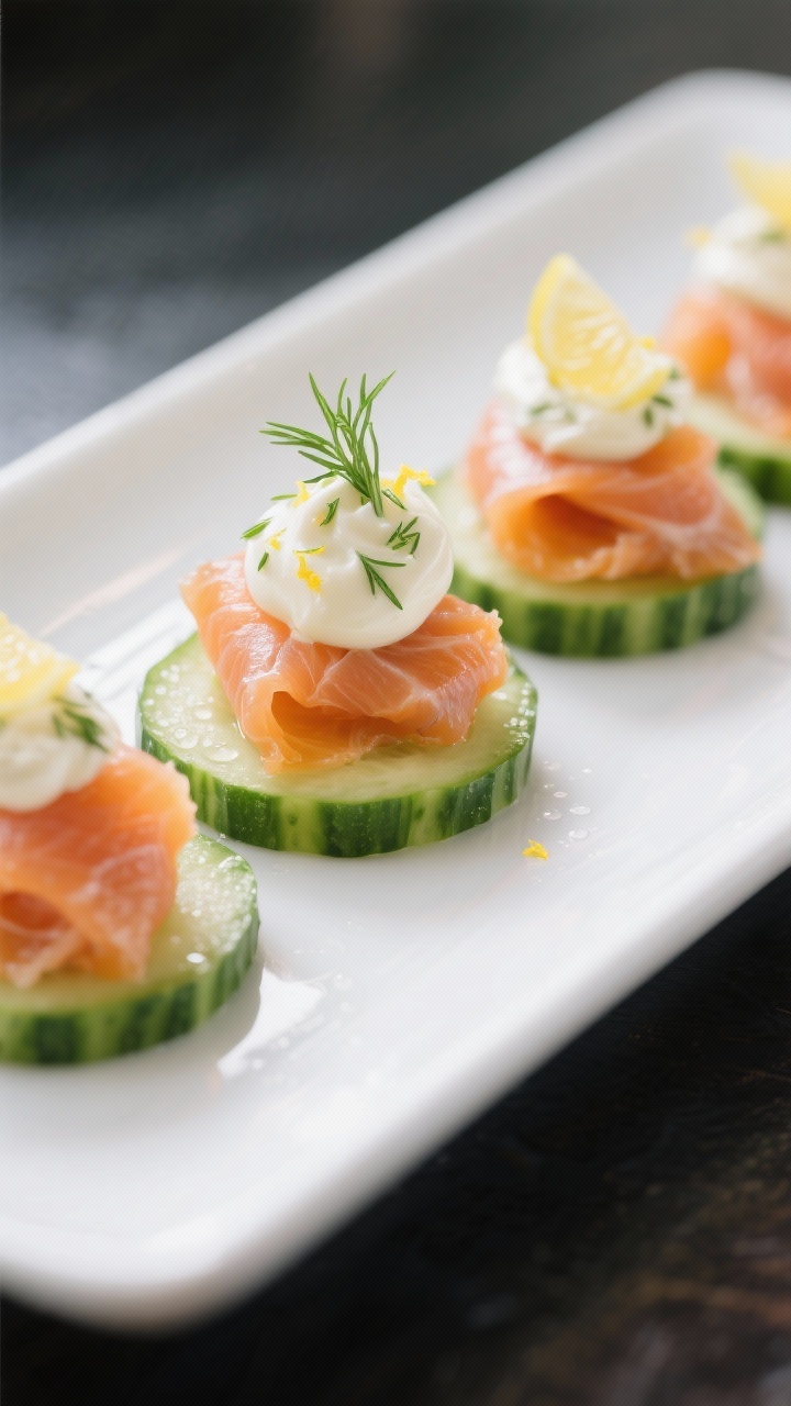 Close-up straight-on shot of smoked salmon cucumber rounds arranged in a neat row on a white rectangular plate: thick English cucumber slices crowned with silky smoked salmon folds, a quenelle-like dollop of lemon-dill crème (crème fraîche with fresh lemon juice and finely chopped dill), micro-zest of lemon and a tiny dill frond on top; cool daylight with soft reflections, crisp cucumber moisture beads, salmon’s satiny texture emphasized, shallow depth of field for an elegant appetizer vibe.