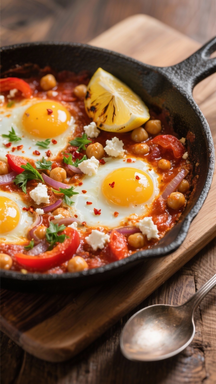 Close-up, straight-on skillet capture of Mediterranean chickpea shakshuka with feta: bubbling tomato-pepper base studded with chickpeas, onions, and red bell pepper, seasoned with cumin, smoked paprika, coriander, and a touch of red pepper flakes; eggs nestled with set whites and runny yolks, crumbles of creamy feta melting at the edges. Olive oil glistening on the surface, torn parsley and a pinch of chili flakes sprinkled on top. Cast-iron skillet on a rustic wooden board, warm, cozy brunch-to-dinner mood, with charred lemon wedge and spoon nearby. Emphasis on texture—the saucy swirls, yolk sheen, and chickpea bite.
