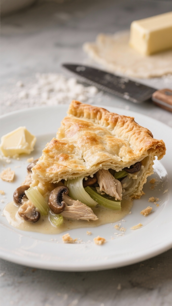 Close-up, straight-on slice reveal of Creamy Mushroom & Leek Chicken Pot Pie with Extra-Flaky Crust: ultra-laminated, shattery top and bottom crust made from flour, kosher salt, sugar, and cold cubed butter, layers visibly distinct. The slice shows a lush filling with silky leeks and browned mushrooms enveloping tender chicken, juices just pooling on the plate. Crust crumbs scattered, a chilled butter stick and a bench scraper blurred in the background to nod to the dough method. Soft side lighting for dramatic flakes, restaurant-quality finish.