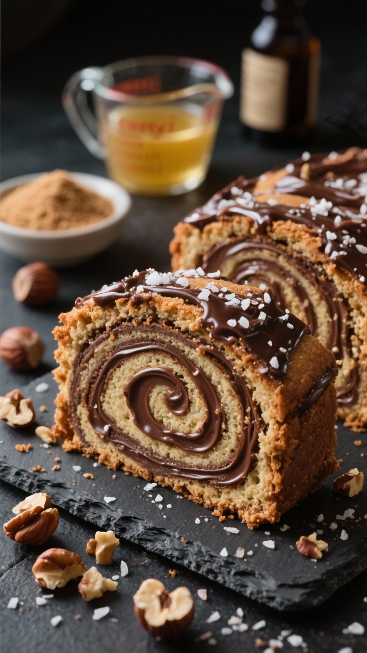 Close-up, swirl detail: A sliced Chocolate-Hazelnut Swirl Cookie Cake on a slate board, showing decadent ribbons of chocolate-hazelnut spread marbled through a chewy, brown sugar-based crumb. Sea salt flakes “confetti” sprinkled over the glossy swirls, with chopped hazelnuts scattered around. A small bowl of packed light brown sugar, melted butter in a glass measuring cup, and vanilla extract in the background out of focus. Moody side light to accentuate sheen and salt crystals, tight composition highlighting the swirl texture.