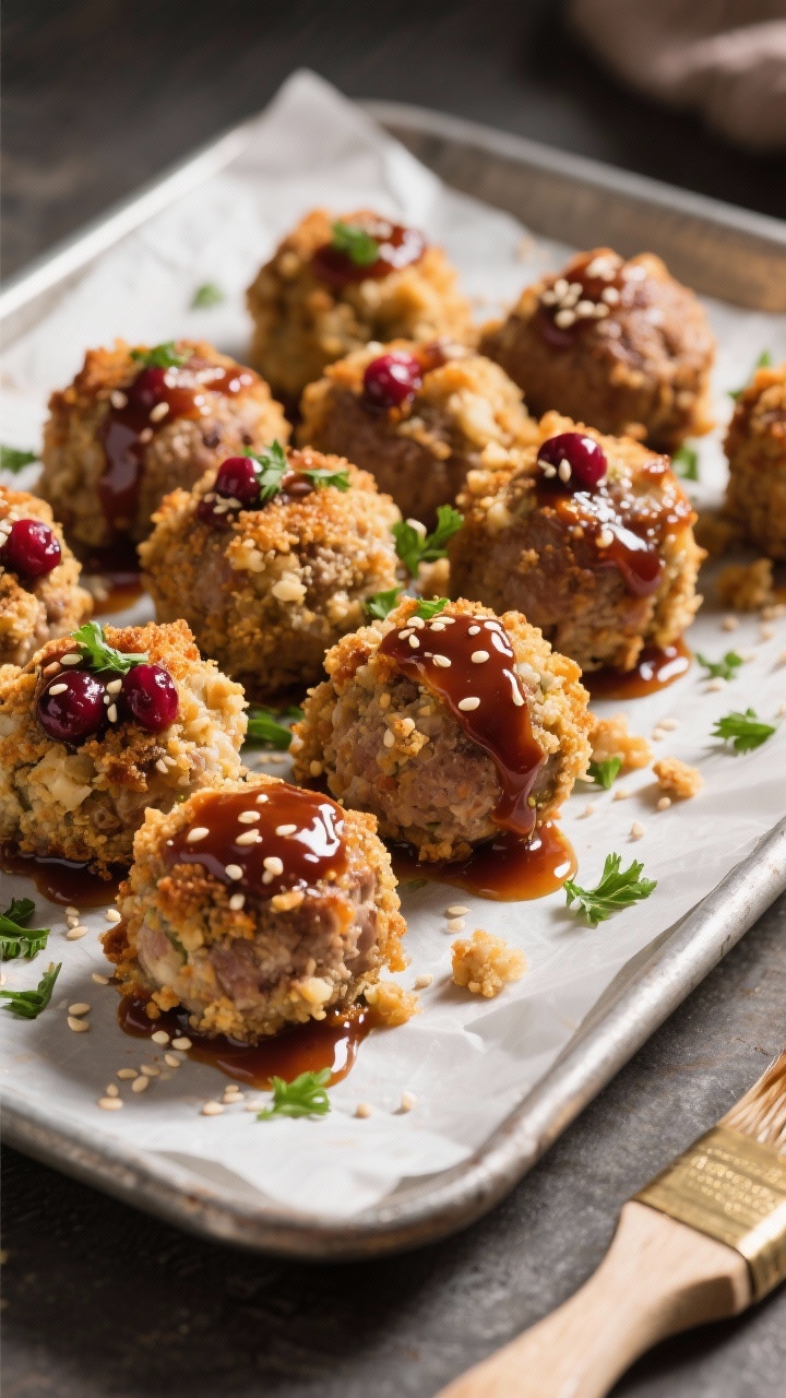Close-up tray shot of Stuffing-Crusted Turkey Meatballs: golden, craggy crust from finely crumbled stuffing on juicy meatballs, glazed in shiny cranberry BBQ. Sticky glaze pooling on parchment, sesame seeds and chopped parsley for contrast. A small brush with glaze to the side, dramatic side lighting highlighting texture.