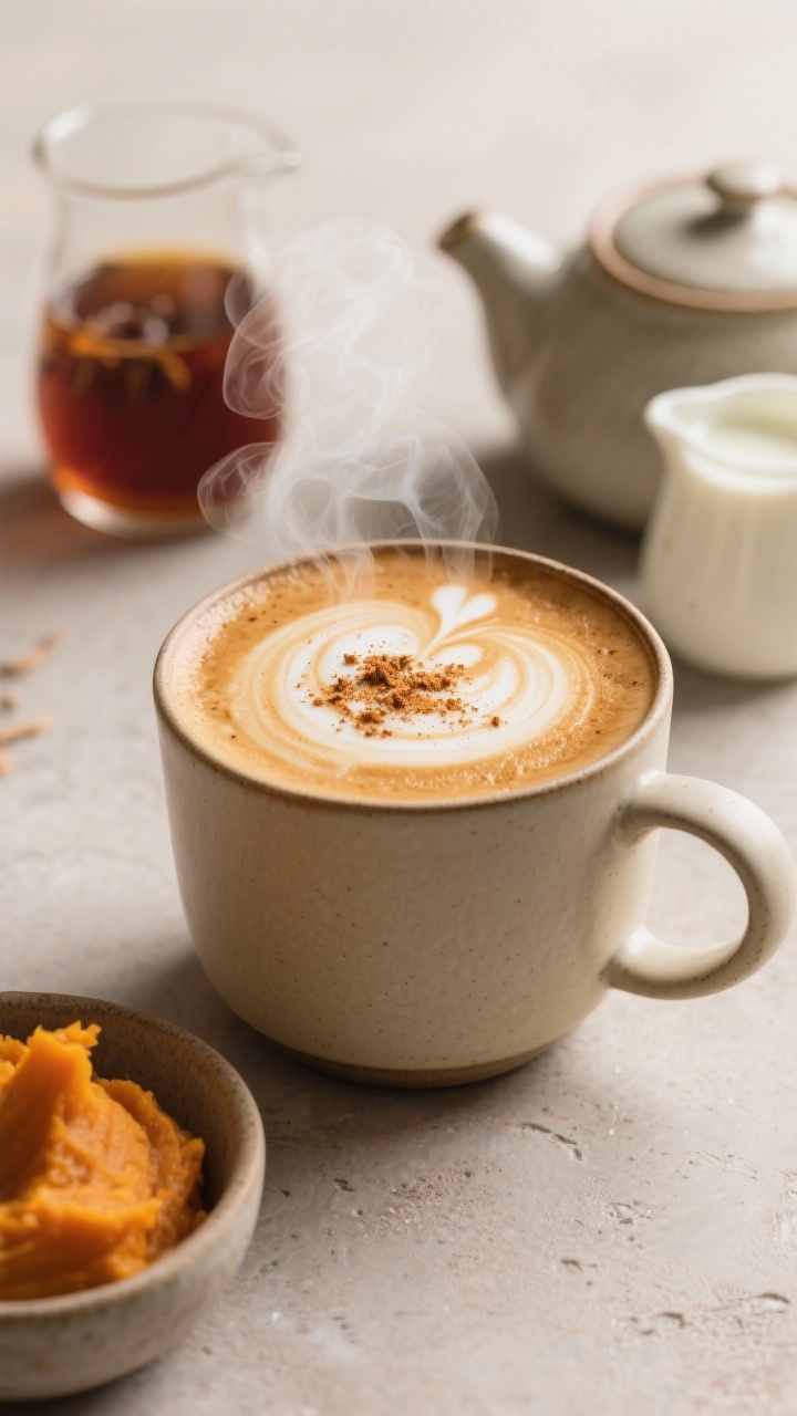 Non-alcoholic Thanksgiving Drinks for the Whole Family You’ll Crave All Season Cozy 45-degree close-up of a steaming Chai Pumpkin Latte in a matte ceramic mug, velvety texture with microfoam and a dusting of warm spices forming a loose swirl. Ingredients styled nearby: a small bowl of pumpkin purée, a teapot or small carafe of strong chai, and a milk jug. Color palette of creamy beige and autumn orange; faint steam visible; soft morning light; shallow depth of field focusing on the latte surface and pumpkin sheen, minimal props for a calm, comforting mood.