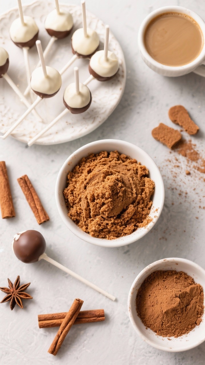 Cozy ingredient-prep overhead shot for Gingerbread Latte cake pops: spice cake mix (