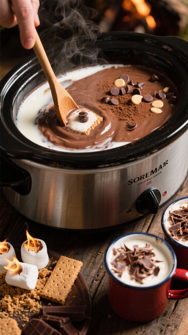 Cozy slow-cooker process shot at a 45-degree angle for S’mores Hot Cocoa: a slow cooker filled with a rich blend of whole milk, heavy cream, evaporated milk, semi-sweet and milk chocolate chips, cocoa powder, and sugar melting together; a wooden spoon stirring a glossy, thick mixture. In the foreground, prepared garnishes—torched marshmallows, graham cracker crumbs, and chocolate shavings—ready to top mugs. Deep, inviting tones, gentle steam, and a campfire-s’mores vibe without people.