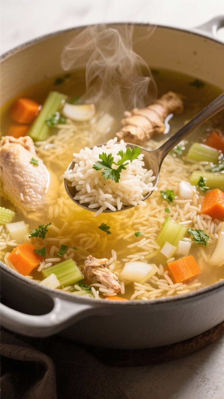 Cozy soup pot at 45 degrees: homestyle chicken and rice soup simmering—broth shimmering with olive oil, diced onion, carrots, celery, minced garlic, grated fresh ginger; visible long-grain rice suspended in the golden broth; steam wafting, ladle lifting a hearty scoop; garnished with chopped parsley, conveying soothing, restorative warmth.