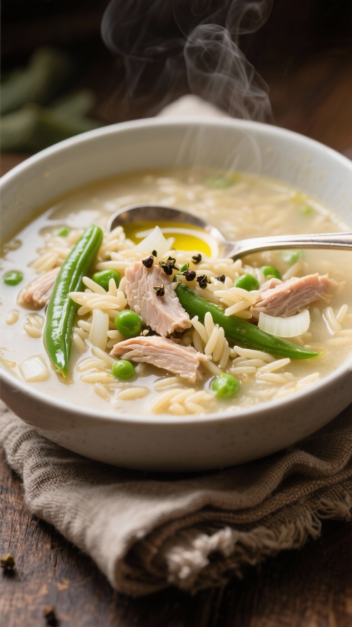 10 Easy Thanksgiving Leftover Recipes You Can Make in Under 20 Minutes—you’ll Crave These Cozy straight-on bowl shot of creamy turkey orzo soup: tender orzo, diced onion and garlic base, chopped leftover turkey, peas and green beans adding pops of green, all in a silky chicken/turkey broth; a spoon resting in the bowl, steam visible, drizzle of olive oil on top, cracked pepper, and a rustic linen napkin nearby.
