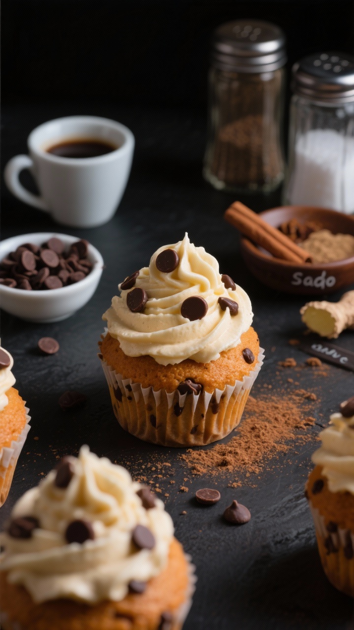 Dramatic 45-degree close-up of pumpkin chocolate chip cupcakes dotted with melty chocolate chips, topped with silky espresso buttercream piped in tight swirls, a faint dusting of ground cinnamon and a few espresso grounds for contrast. Nearby props: a demitasse of espresso, a small bowl of chocolate chips, and spice dishes labeled cinnamon and ginger, plus canisters for baking powder, baking soda, and sea salt. Rich, moody lighting to emphasize coffee-lover vibes; shallow depth of field highlighting the buttercream texture and glossy chips, no people.