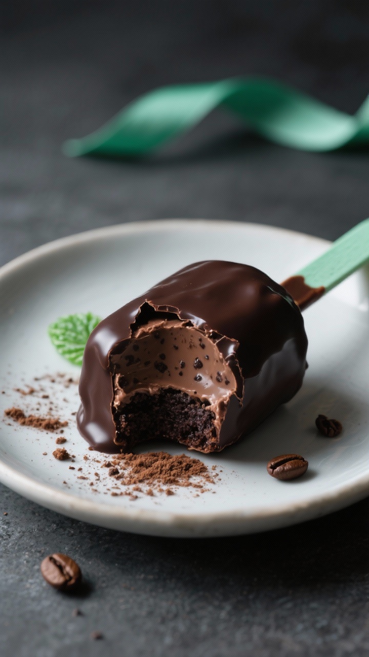 Dramatic close-up, straight-on: Mocha Mint Midnight Pops for coffee lovers. Dark chocolate cake blended with chocolate frosting, mascarpone or cream cheese, peppermint extract, and instant espresso powder, dipped in extra-dark chocolate. Showcase a cracked-open pop revealing velvety, espresso-speckled interior; fine cocoa dusting and a few espresso granules on the plate for context. Moody, low-key lighting with a matte slate backdrop, cool mint-green ribbon on sticks for contrast; emphasize glossy ganache-like coating and rich coffee-chocolate texture.