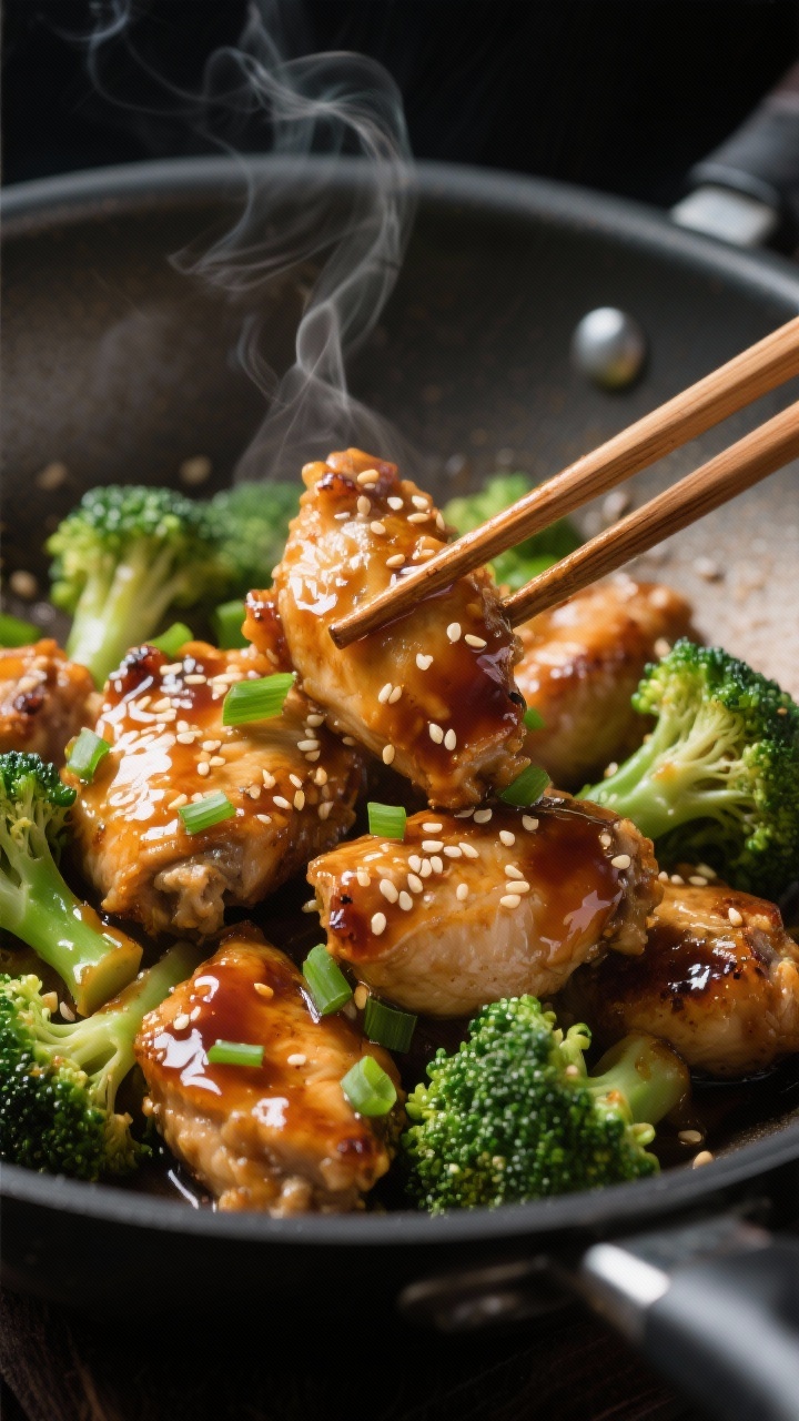 Dynamic close-up of sticky honey-garlic chicken and broccoli in a wok: bite-size chicken thigh pieces lacquered in a glossy honey-soy-garlic glaze, lightly crisped from a cornstarch coating; bright green broccoli florets with slight char at the tips; sesame seeds and chopped scallion garnish; chopsticks hovering near a mound of glossy chicken, dramatic side lighting accentuating the sticky glaze and steam.