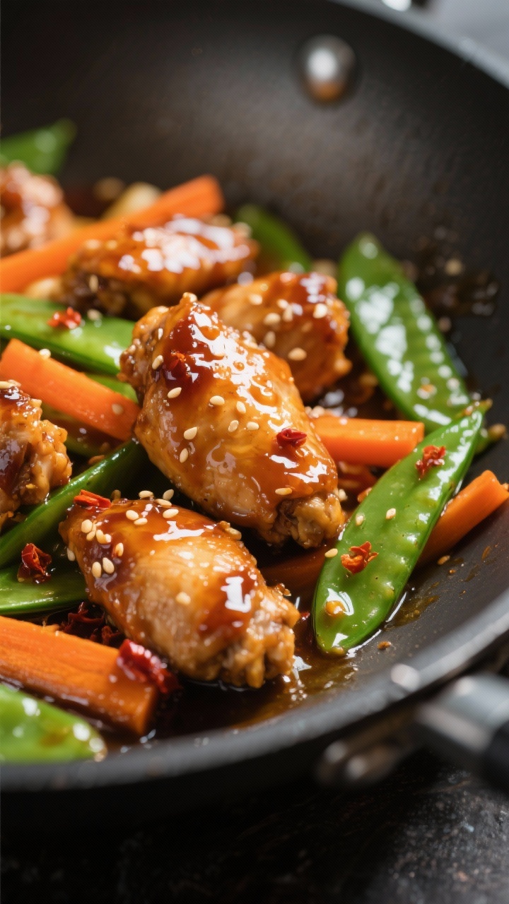 Dynamic close-up of sticky honey-garlic chicken in a wok: bite-size boneless chicken thigh pieces lacquered in a glossy, amber glaze speckled with sesame and chili flakes, with carrots sliced on the bias and crisp snow peas still vibrant and snappy. A few droplets of sauce clinging to the sides, highlights catching the syrupy sheen. Neutral oil shine, shallow depth of field, dramatic side lighting to showcase the sticky texture.