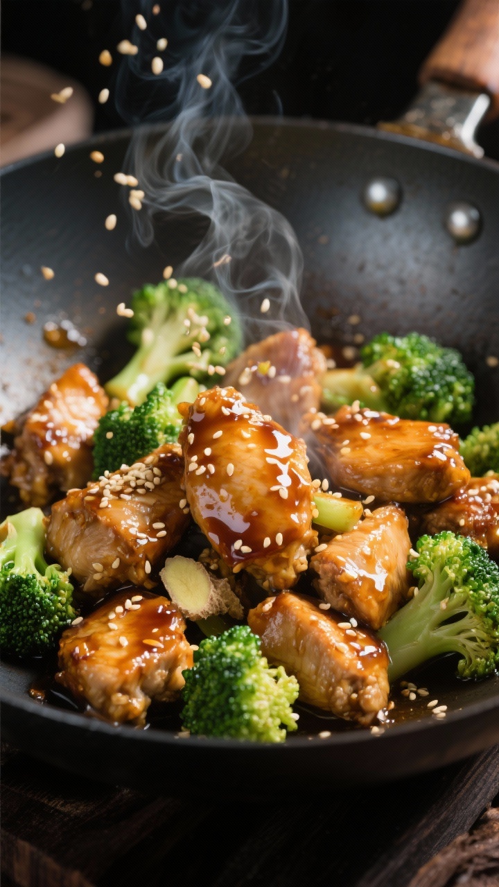 10 Easy One-pan Chicken Dinners for Busy Weeknights That Taste Like Weekend Treats Dynamic wok action close-up of sticky ginger-soy chicken with sesame broccoli: bite-size chicken thigh chunks lacquered in a shiny soy-honey glaze with grated ginger aromatics clinging to the surface; broccoli florets bright green with sesame seeds sprinkled; steam rising, glossy highlights, dark carbon-steel wok, directional light for big takeout energy.