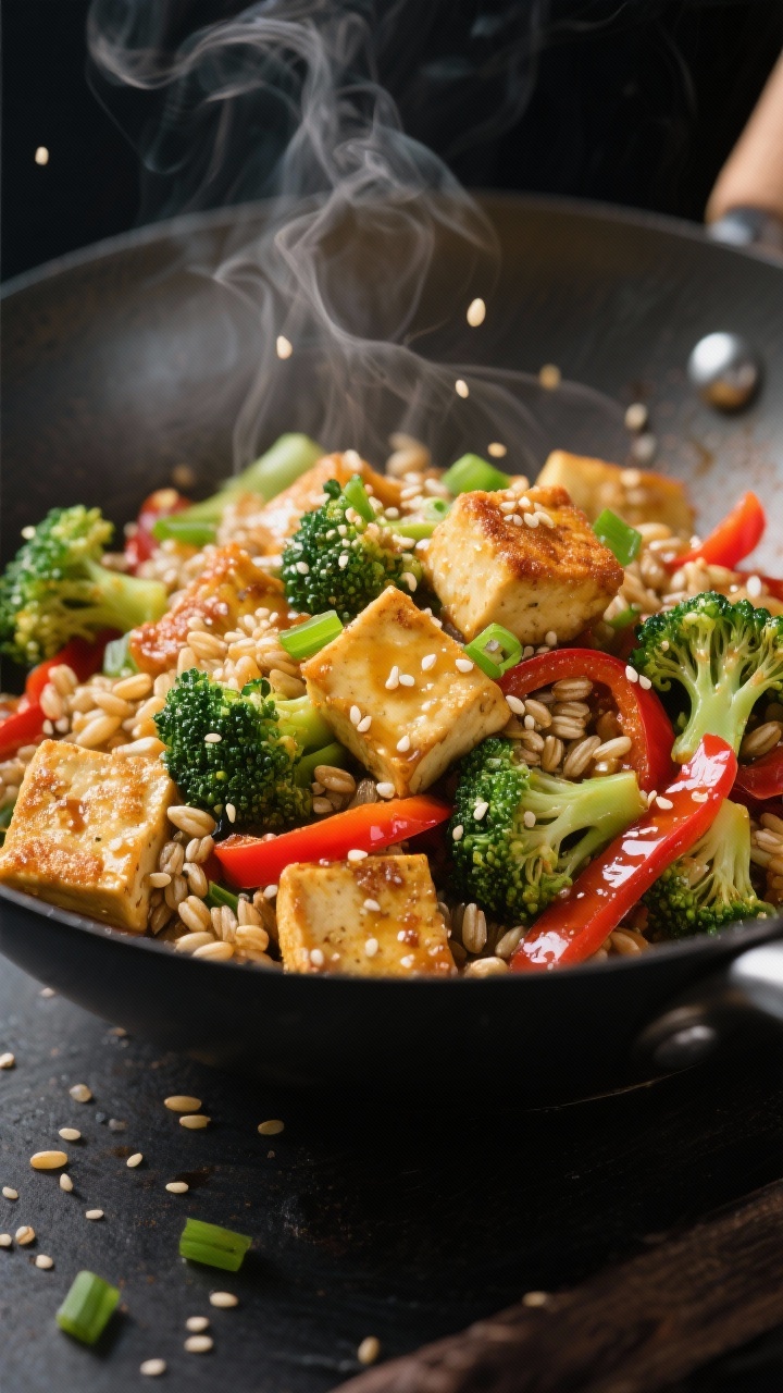 Dynamic wok shot at 45 degrees of crispy tofu, broccoli, and barley stir-fry: golden tofu cubes coated in cornstarch, seared in avocado oil until craggy and crisp; bright broccoli florets and red bell pepper strips; chewy pearls of barley; glossy sesame-ginger sauce clinging to everything; scattered sesame seeds and sliced scallions, steam visible for appetizing sheen.