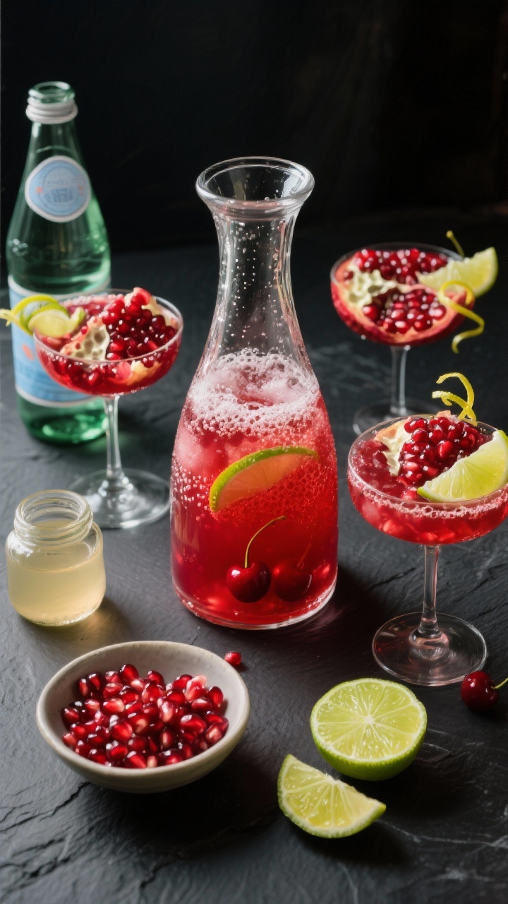 Elegant overhead flat lay of Sparkling Pomegranate-Lime Bell Jingles: a crystal carafe of vivid red cherry and pomegranate juice blend infused with fresh lime juice and a touch of simple syrup, topped off with chilled sparkling water—fine bubbles visible in coupe glasses; garnishes of pomegranate arils, thin lime rounds, and twisting lime zest; ingredients arranged neatly—bottle of sparkling water, small bowl of pomegranate seeds, lime halves, simple syrup jar; dark slate background for contrast, moody yet festive lighting, no people.