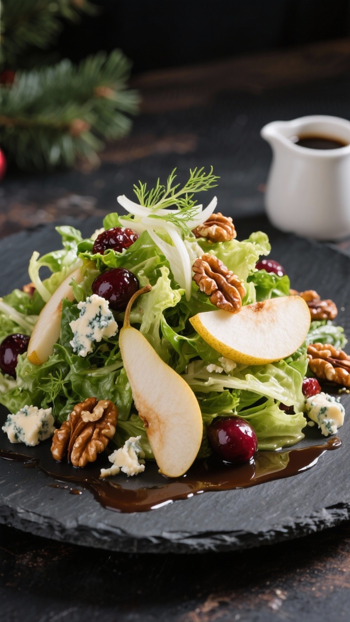 Thanksgiving Salad Ideas That’ll Steal the Show From the Turkey Elegant plated presentation at 45 degrees: spring mix or baby romaine piled high, layered with thin slices of ripe pear, crumbles of Gorgonzola, candied walnuts sparkling with a glossy coat, and dried cherries. A thin balsamic reduction sheen catches the light. Include delicate fennel shavings tucked among the greens. Set on a dark slate plate for contrast, with a small pitcher of balsamic nearby. Bright, appetizing highlights, sophisticated holiday mood.