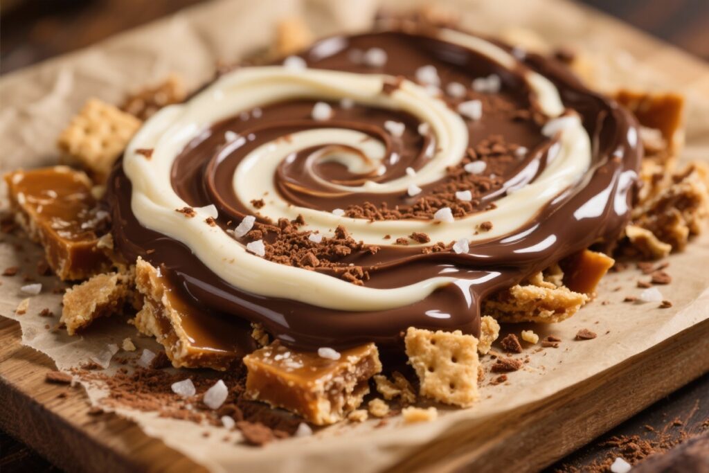 featured image for: chocolate lover’s cracker toffee: white, dark & milk chocolate swirls