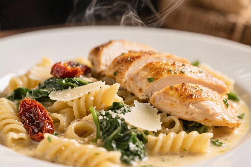 featured image for: easy one pan tuscan chicken pasta