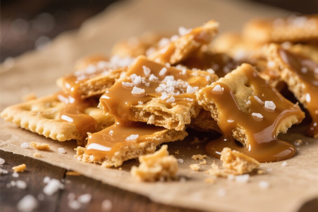 featured image for: salted caramel cracker toffee with sea salt flakes