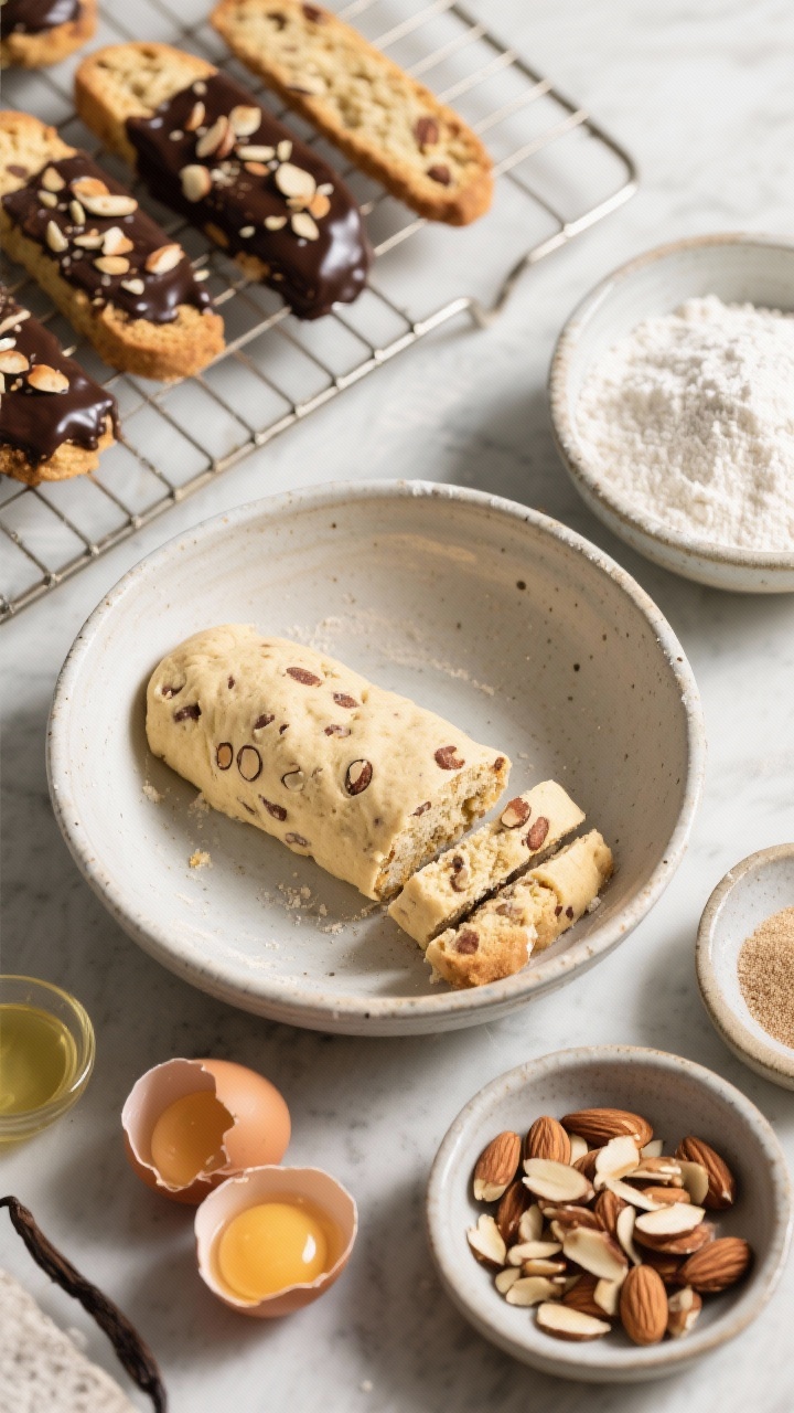 Ingredient and process shot, overhead: one-bowl almond biscotti dough log partially sliced into biscotti with visible almond specks, ready for first bake; bowls with all-purpose flour, granulated sugar, baking powder, fine salt, two cracked eggs, neutral oil, vanilla extract, and a pile of chopped almonds; later-stage rack in the background with baked slices half-dipped in glossy dark chocolate and sprinkled with almond shards; natural side light.