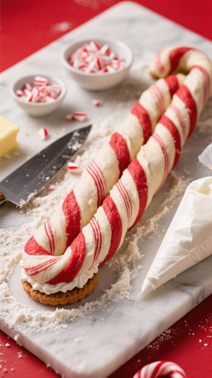 Ingredient-focused 45-degree prep shot for Candy Cane Swirl Sandwich Cookies with Marshmallow Frosting: two-tone red-and-white cookie dough ropes (all-purpose flour, baking powder, baking soda, fine salt, unsalted butter, granulated sugar, light brown sugar) twisted together on a floured board to form a candy cane swirl log; a chef’s knife, small bowls of crushed candy cane pieces, and a piping bag filled with marshmallow frosting ready for sandwiching; vibrant red accents, high contrast, and tack-sharp textures to showcase the swirl and festive color.