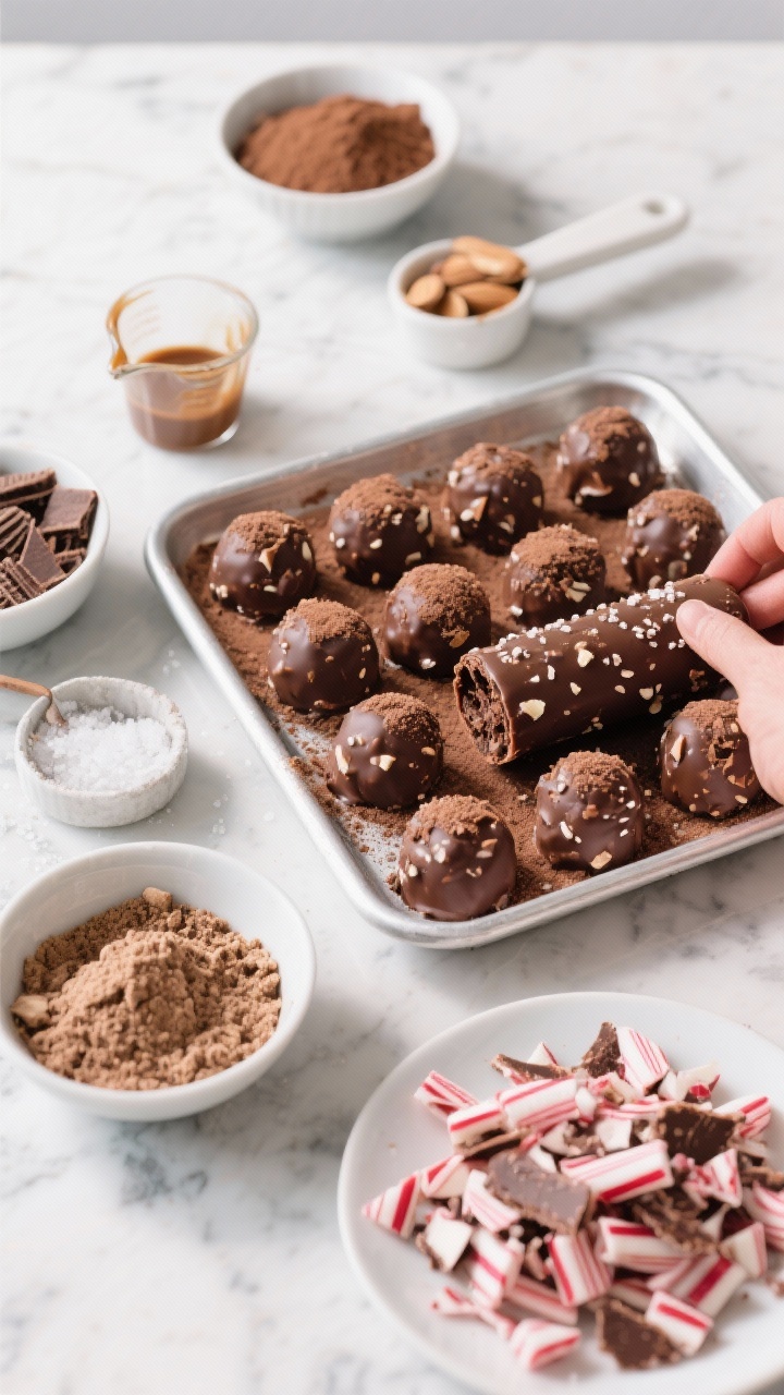 Ingredient-focused and assembly shot at 45 degrees of no-bake peppermint bark brownie bites being rolled. Show a tray of neat bite-sized spheres dusted with cocoa and studded with tiny bark flecks, some cut open to reveal dense freezer-fudge texture. Surround with bowls of chocolate wafer crumbs, almond flour, cocoa powder, fine sea salt, a sticky measuring cup of thick sweetener (implied from the mix), and a plate of peppermint bark shards for rolling/pressing on top. Cool marble surface, bright even light, minimal shadows, ultra-clean styling for a “freezer fudge energy” vibe.