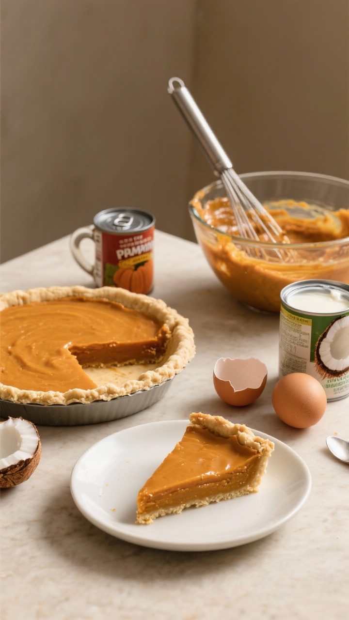 Ingredient-forward 45-degree prep scene for Maple Pumpkin Pie (Dairy-Free and Refined Sugar–Light): mise en place featuring a dairy-free unbaked 9-inch pie crust, an open 15 oz can of pumpkin puree, a small pitcher of pure maple syrup, two cracked eggs, and a can of full-fat coconut milk or coconut cream with a spoon showing its thick texture. A mixing bowl with a whisk coated in pumpkin-maple mixture, warm neutral backdrop, natural light. Follow-up insert: a final plated slice showing glossy, maple-sweetened, dairy-free custard with subtle coconut sheen.
