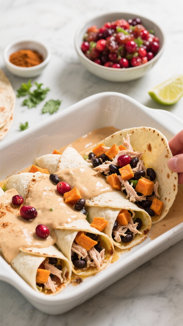 Creative and Easy Ways to Use Thanksgiving Leftovers for Quick Weeknight Meals You’ll Crave Ingredient-forward 45-degree prep shot for sweet potato and black bean turkey enchiladas with cranberry salsa: corn tortillas being filled with diced cooked sweet potatoes, black beans, and shredded leftover turkey seasoned with cumin and chili powder; rolled enchiladas nestled in a baking dish with a light coating of sauce; a vibrant bowl of chunky cranberry salsa in frame; small bowls of spices, scattered cilantro, and lime wedges; clean editorial styling, no people.