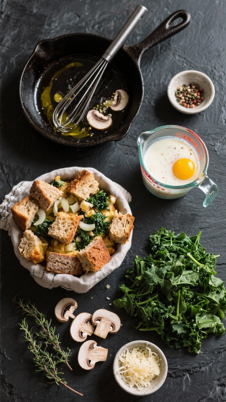 Healthy and Delicious Leftover Recipes for the Whole Family You’ll Make on Repeat Ingredient prep flat lay for Savory Bread Pudding with Greens and Mushrooms on a dark slate surface: cubes of stale whole-grain/sourdough bread piled in a linen-lined bowl; sliced cremini mushrooms and diced onion in neat clusters; heaping mound of chopped greens (kale and spinach); a skillet with olive oil sheen ready for sautéing; a whisked egg-milk mixture in a glass measuring cup with visible pepper and salt flecks; thyme sprigs and grated cheese optional garnish in small pinch bowls; overhead, high contrast, crisp textures.