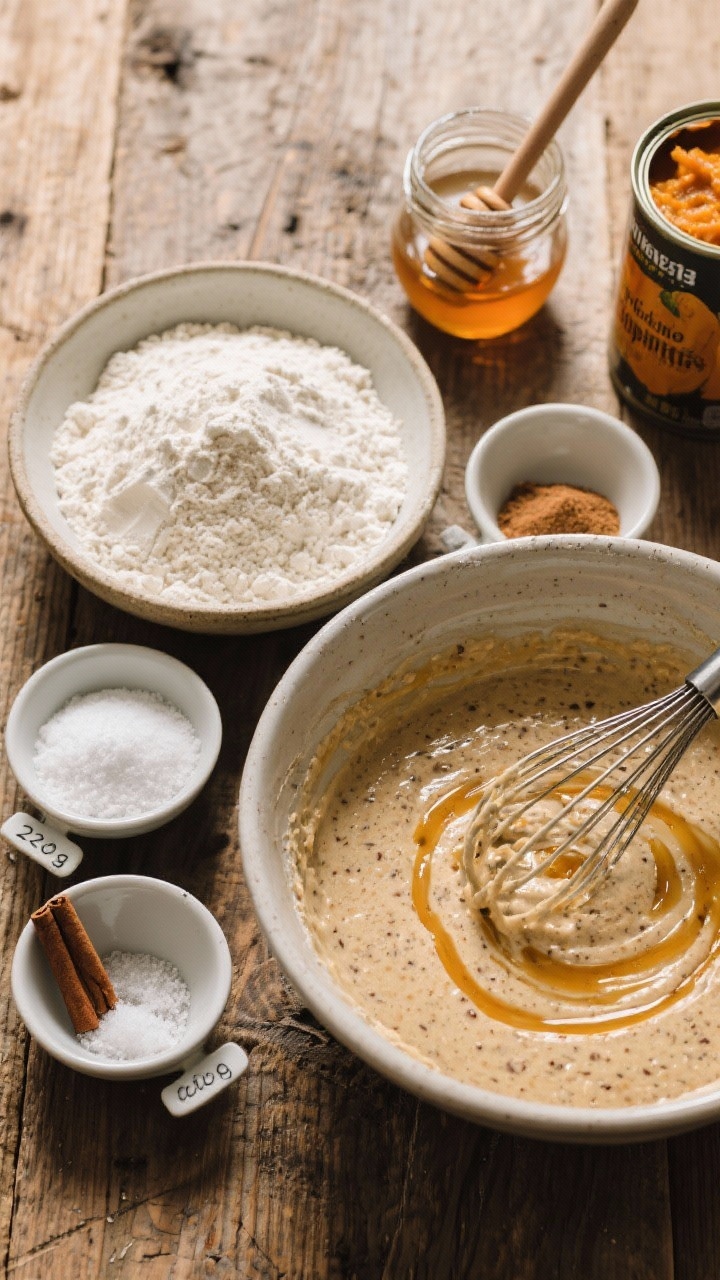 Ingredient prep overhead for Whole Wheat Honey Pumpkin Bread: a rustic wooden table with white whole wheat flour (220 g) in a bowl, a half-and-half option noted by a second bowl of all-purpose flour, baking soda, baking powder, and fine sea salt in labeled pinch bowls; ground cinnamon, a jar of honey with a wooden dipper, and a can of pumpkin puree. Include a whisk with streaks of pumpkin-honey mixture in a mixing bowl showing the batter’s dense, speckled texture. Natural light, clean layout emphasizing wholesome, naturally sweet ingredients.
