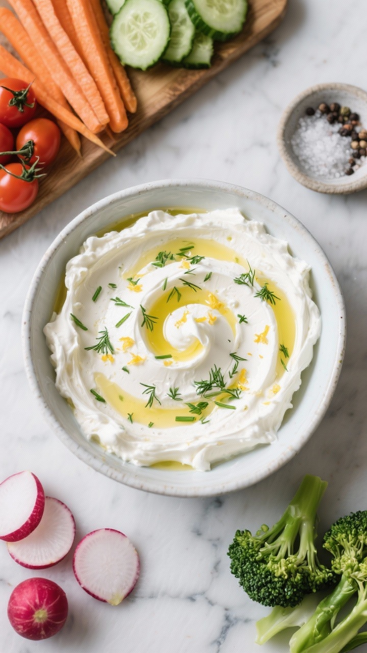 Ingredient-prep overhead shot for a Rustic Veggie-Lover Board featuring herbed whipped ricotta: in a mixing bowl, whole-milk ricotta and softened cream cheese whipped to cloudlike peaks, drizzled with olive oil and speckled with lemon zest, lemon juice, chopped fresh dill, and chives; salt and pepper freshly cracked nearby. Surround with prepared crudités ready for serving (vibrant carrots, cucumbers, radishes, cherry tomatoes, and blanched broccolini) and a swirl pattern visible on the ricotta surface. Cool daylight, crisp colors, clean marble surface, minimal styling, no people.