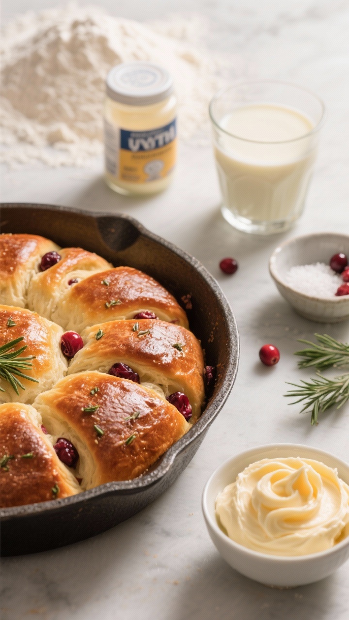Ingredient-prep to final reveal for cranberry-rosemary pull-apart rolls with whipped orange butter, 45-degree angle: in the foreground, a cast-iron or metal round pan of baked pull-apart rolls, tops burnished amber, cranberries peeking from seams, tiny rosemary needles speckling the dough. Beside it, a small bowl of pale, fluffy whipped orange butter with visible zest curls. In the background, measured ingredients staged: a jar of instant yeast, a heap of all-purpose flour dusting the surface, warm milk in a glass, a pinch bowl of granulated sugar and kosher salt. Soft morning light, inviting holiday mood, tight composition highlighting pillowy texture and glossy crust.
