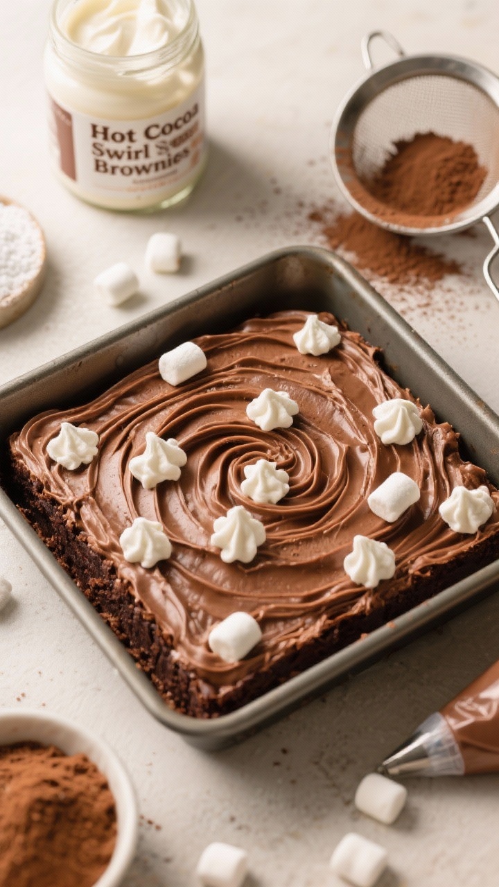 Ingredient-to-final transition at 45 degrees: “Hot Cocoa Swirl Brownies” — a 9x9 pan of rich brownies topped with cocoa buttercream (butter, powdered sugar, unsweetened cocoa, cream, vanilla) swirled into soft peaks, dotted with marshmallow fluff clouds streaked through the frosting. Include a jar of marshmallow fluff, a sieve dusted with cocoa, and a piping bag off to the side. Warm, cozy tones evoke hot cocoa; focus on the pillowy marshmallow texture against the silky chocolate swirls, with a few mini marshmallows scattered on the surface.