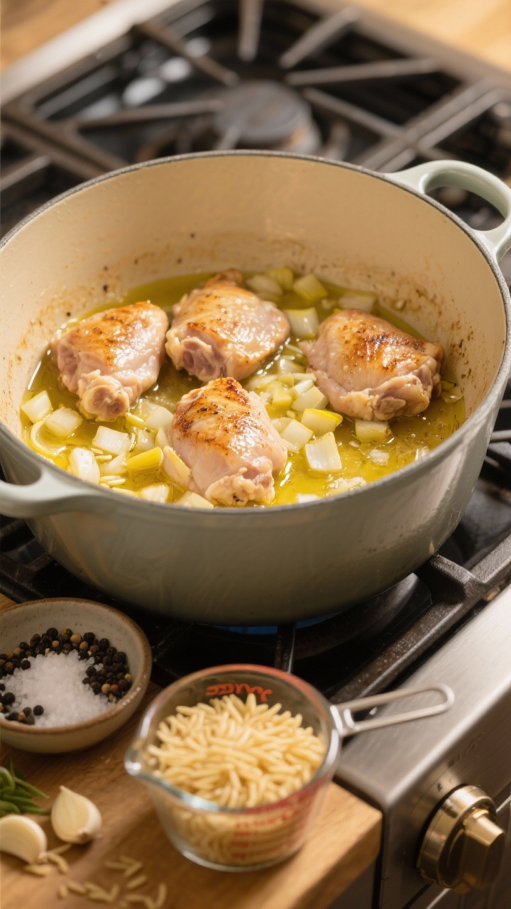 Ingredients and early sauté close-up at 45 degrees: a wide, enameled Dutch oven on the stovetop with olive oil shimmering, bite-size boneless skinless chicken thighs searing alongside finely diced small yellow onion and minced garlic; dry orzo ready in a measuring cup beside the pot; kosher salt and black pepper pinch bowls nearby; warm golden tones, minimal cleanup story emphasized with a single pot in frame, shallow depth of field catching the glossy, toasting orzo about to be stirred in.