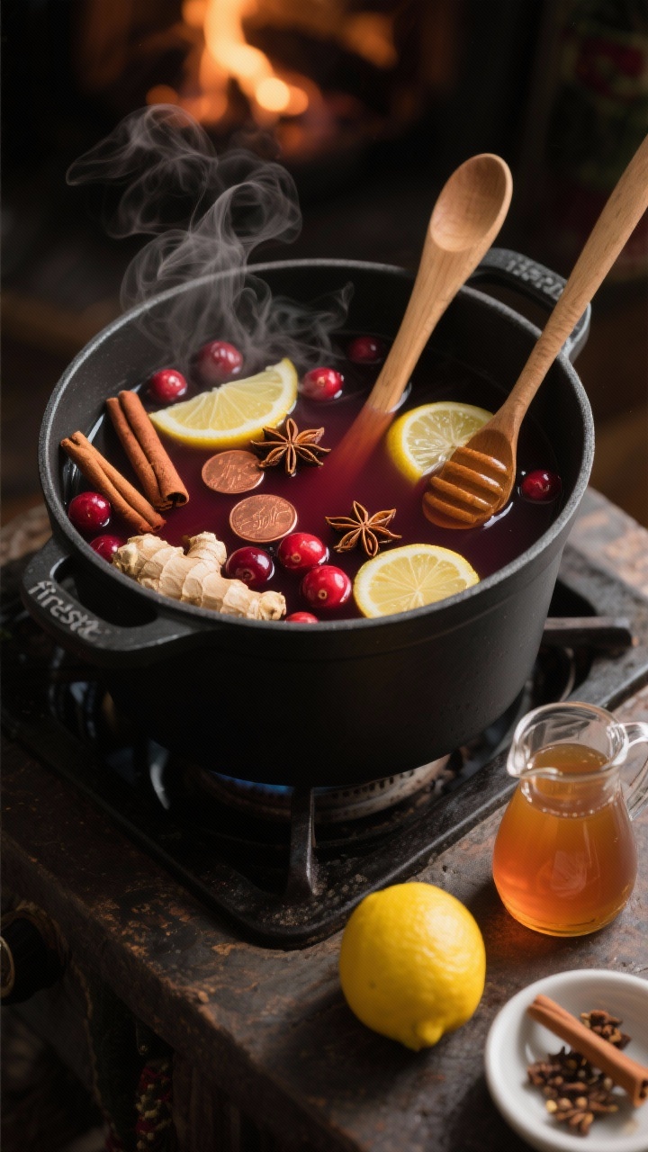 Ingredients and simmering process shot for Fireside Spiced Merry Berry Lemonade Punch (Zero-Proof): overhead view of a matte black saucepan on the stove with cranberry juice, apple cider, fresh lemon juice, and maple syrup gently steaming. Whole spices—two cinnamon sticks, six cloves, and two star anise—float visibly, along with thin coins of fresh ginger. Next to the pot: a wooden spoon with a sheen of spiced liquid, a small pitcher of maple syrup, whole lemons, and a small dish holding extra spices. Warm, moody lighting with cozy “fireside” ambiance, emphasizing aromatic steam.