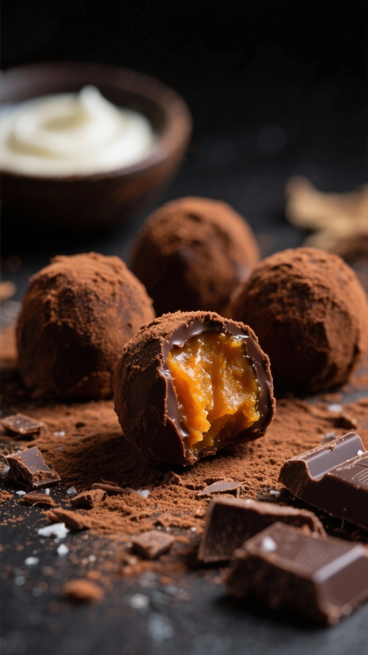 Macro close-up of Chocolate Pumpkin Truffles: matte cocoa-dusted spheres with a bite revealing silky ganache infused with pumpkin puree, pumpkin pie spice, vanilla, and a pinch of salt; chopped semi-sweet chocolate and a small dish of heavy cream in the background blur; moody dark backdrop, directional rim light catching cocoa dust and truffle curvature.
