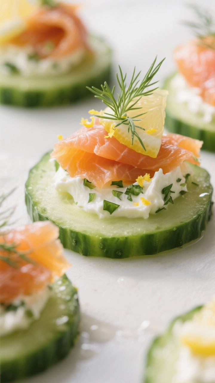 Macro close-up of smoked salmon cucumber rounds: thick English cucumber slices topped with herbed cream cheese (cream cheese mixed with chopped fresh herbs), delicate ribbons of smoked salmon folded on top, finished with lemon zest and a tiny squeeze of lemon juice; a few dill fronds for aroma, crisp condensation on cucumbers, cool, bright lighting for a fresh, luxe feel.