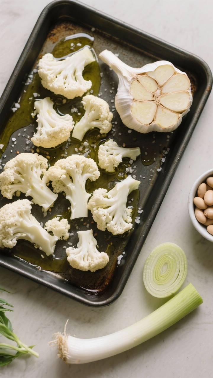 Minimalist overhead ingredient-prep shot for Creamy Cannellini, Cauliflower & Garlic Soup (No Cream, All Silk): a dark sheet pan with cauliflower florets and a whole head of garlic sliced to reveal cloves, both glistening with extra-virgin olive oil and sprinkled with sea salt and pepper; nearby a cleaned, sliced leek (white and light green rings) and a small bowl of cannellini beans ready to blend. Neutral backdrop, soft diffused light, clean lines emphasizing the silky, dairy-free concept, ready-for-roast vibe.