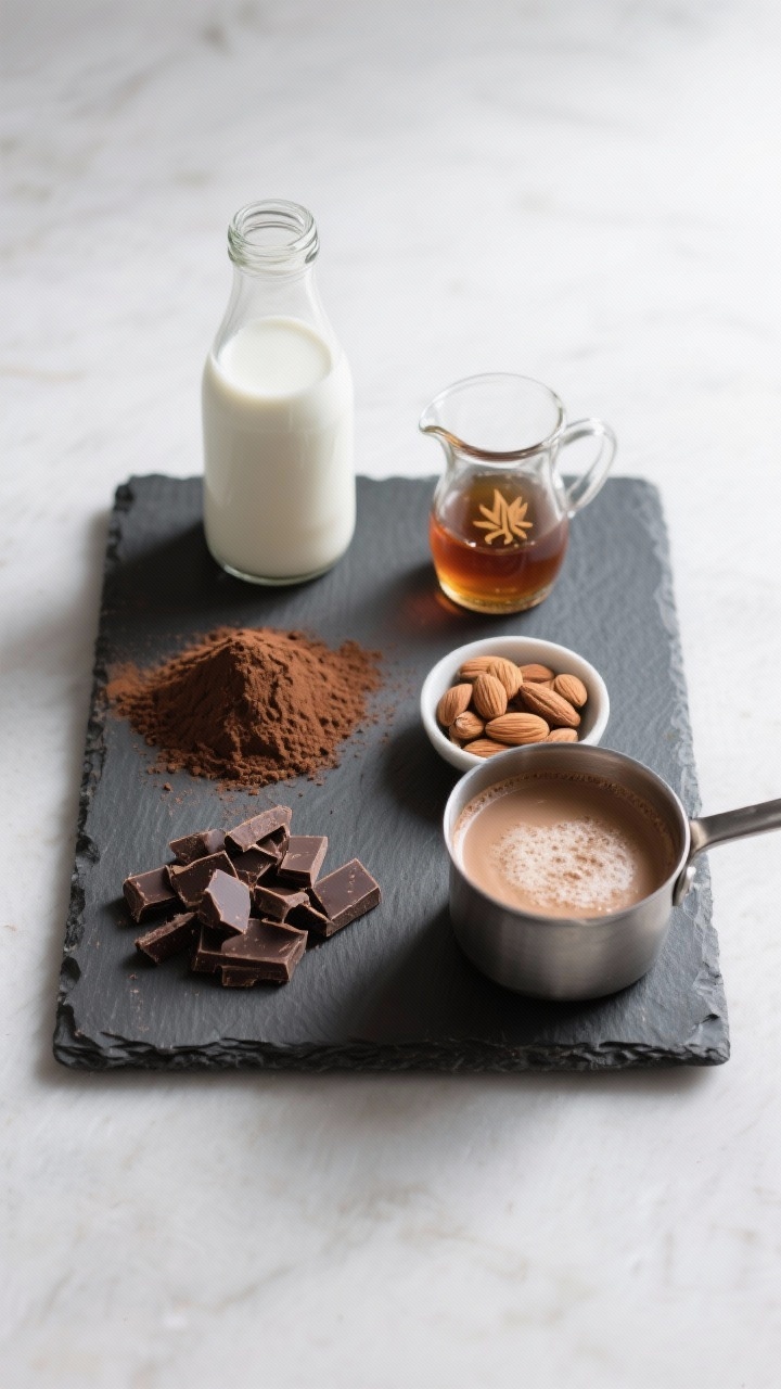 Minimalist overhead ingredient-prep shot for Dairy-Free Almond-Oat Hot Chocolate: neat rows on a dark slate board featuring unsweetened almond milk in a glass bottle, barista-style oat milk in a carafe, a small pitcher of maple syrup, a pile of Dutch-process cocoa powder, and chopped dairy-free dark chocolate; a second frame element shows a small saucepan with the dairy-free mix just beginning to foam, silky but plant-based; clean, modern styling and bright softbox light to highlight creamy texture without dairy.