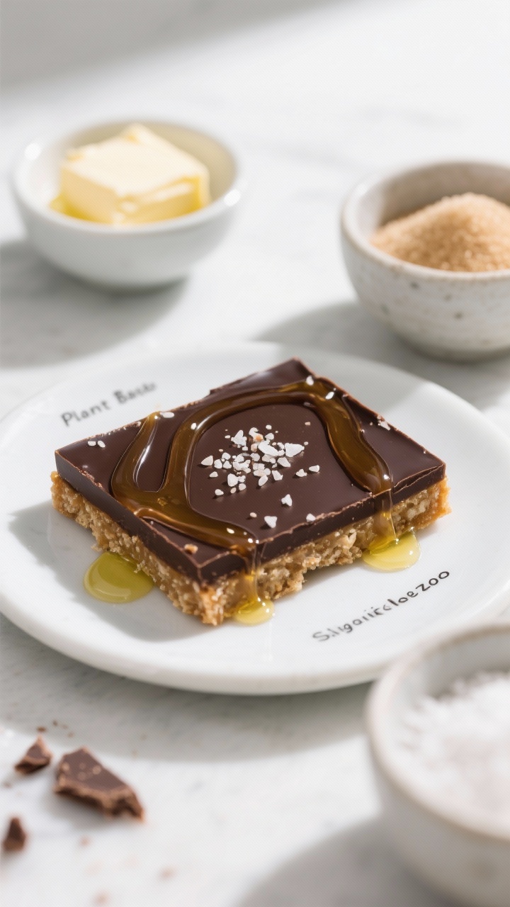 Minimalist overhead of dairy-free dark chocolate toffee with olive oil sea salt: vegan saltine/matzo base with plant-based butter toffee and dark chocolate top, finished with a fine drizzle of good olive oil and a sprinkle of flaky sea salt; labeled bowls showing plant-based butter and organic cane sugar off to the side; bright natural light, clean modern styling.