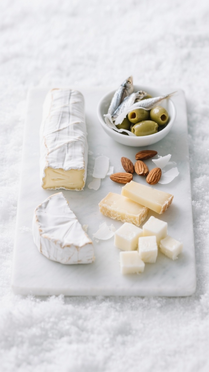 15 Festive Christmas Charcuterie Board Ideas for Holiday Parties That Wow Minimalist straight-on shot of a Winter Wonderland white board on matte white ceramic: triple-cream brie, a chèvre log, sliced aged manchego, cubed white cheddar, a bowl of white anchovy-stuffed olives, salted Marcona almonds, and coconut flakes as snowy accents; cool-toned light, pale linens, snowy aesthetic, shallow depth of field highlighting creamy-white textures and subtle gloss.
