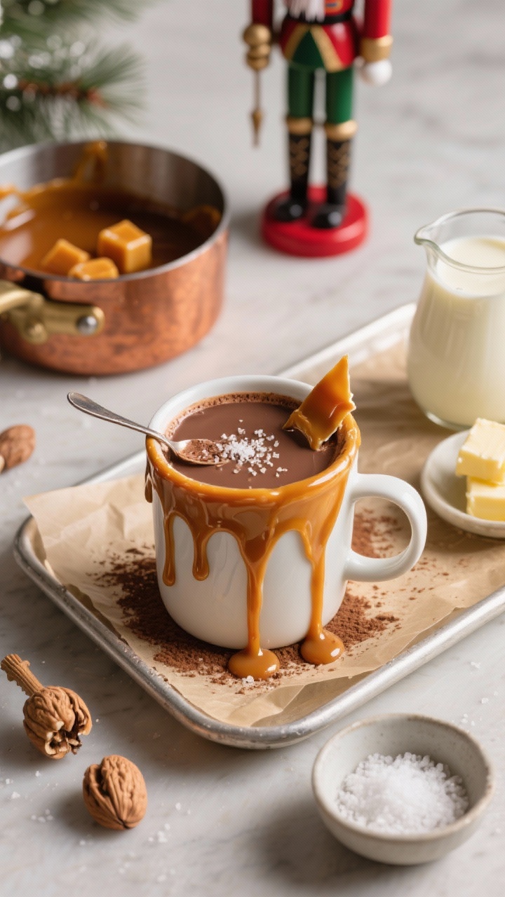 Overhead action-and-assembly shot: Nutcracker Salted Caramel Hot Cocoa with a visible DIY caramel drip. A mug of hot cocoa sits on a parchment-lined tray as warm, glossy caramel—made from granulated sugar and water, finished with butter, warmed heavy cream, and flaky sea salt—is spooned to create a dramatic drip down the rim. Nearby: a small saucepan with amber caramel, cubes of butter, a pitcher of warmed cream, and a pinch bowl of extra flaky sea salt. Add a caramel shard garnish and a subtle dusting of cocoa on the surface. Rich amber and chocolate tones, holiday-nutcracker prop blurred in the background for theme.