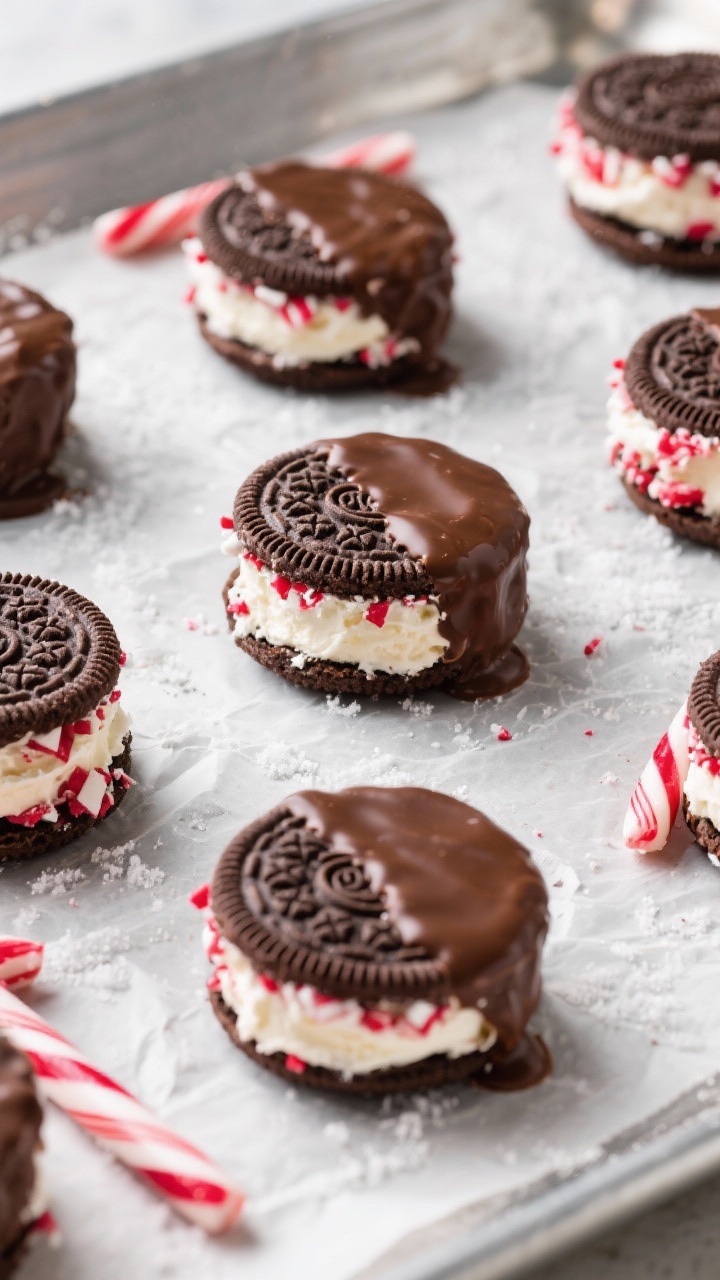 Overhead assembly shot of candy cane ice cream sandwiches: small chocolate cookies sandwiched around vanilla-peppermint ice cream, edges rolled in vibrant crushed candy canes; some partially dipped in melted chocolate setting on parchment, frosty texture visible, styled on a chilled metal sheet for crisp holiday feel.