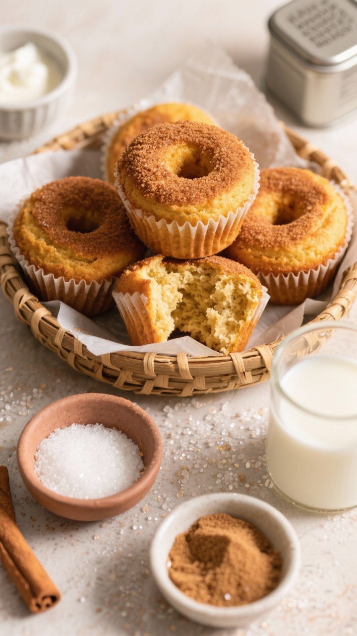 Overhead basket of Cinnamon Sugar Donut Muffins: golden, puffed muffins rolled in cinnamon sugar, a few broken open to reveal tender crumb; small bowls of granulated and brown sugar, baking powder tin, a splash of whole milk, and a dollop of yogurt nearby; warm, cozy tones, soft morning light, sugar crystals sparkling on the surface.