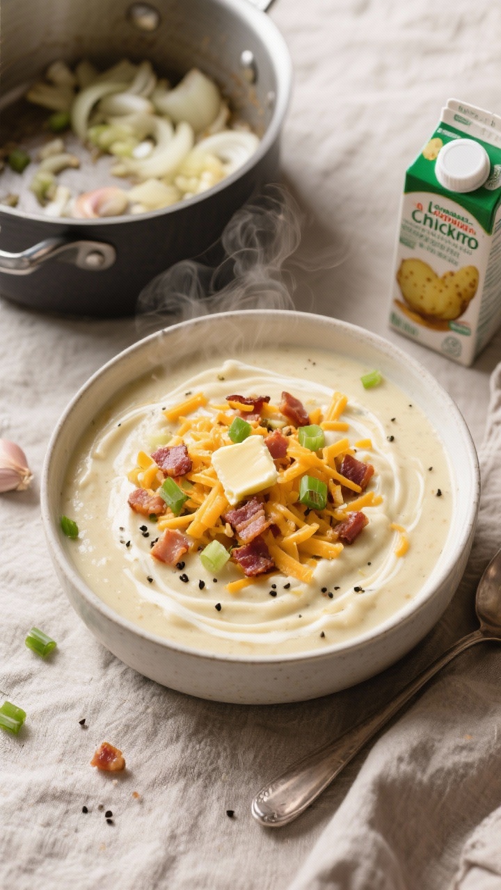 Overhead bowl shot of loaded mashed potato soup: creamy, velvety soup base with swirls of butter, topped with shredded cheddar, crisp bacon bits, sliced scallions, and cracked black pepper; a pot with onion and garlic sauté remnants and a carton of low-sodium chicken broth nearby, steam faintly visible, cozy weeknight vibe, neutral linen backdrop.