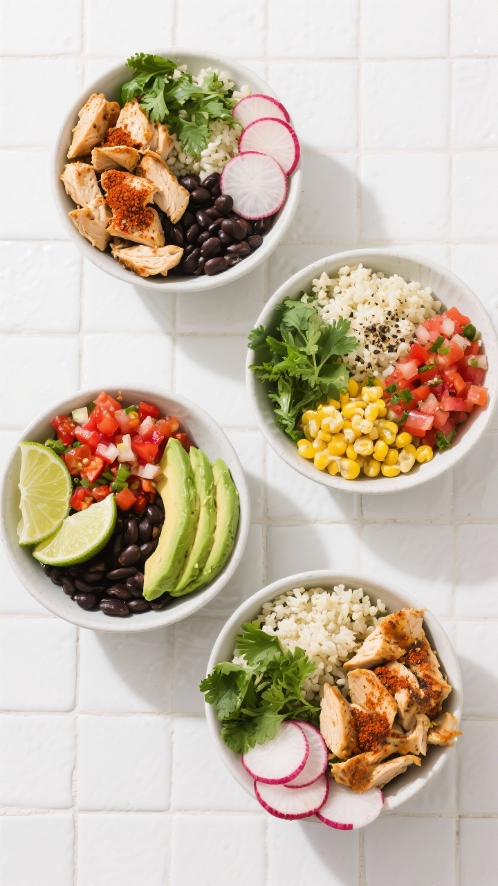 Overhead build-your-own zesty chicken taco bowls: diced chicken breasts sautéed with olive oil, chili powder, ground cumin, smoked paprika, garlic powder, salt and pepper; arranged in bowls with cilantro-lime cauliflower rice, black beans, fire-roasted corn, pico de gallo, sliced radishes, avocado, lime wedges, and fresh cilantro. Vibrant, clean styling on a white tile background, each component in distinct color blocks.