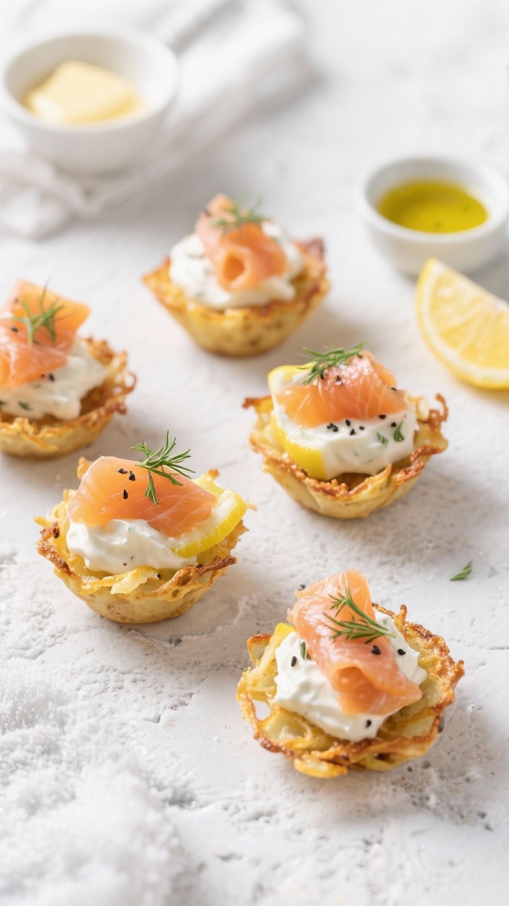 Overhead canapé spread: Mini potato rösti cups—shredded russet potatoes and finely grated yellow onion crisped into golden nests—filled with a dollop of lemon-dill crème (sour cream base), topped with silky ribbons of smoked salmon, micro-dill, and a whisper of black pepper; a squeeze of lemon visible on the side, with small bowls of melted butter and olive oil hinting at the cook method; clean, bright winter light on a pale stone background for a refined Nordic vibe.